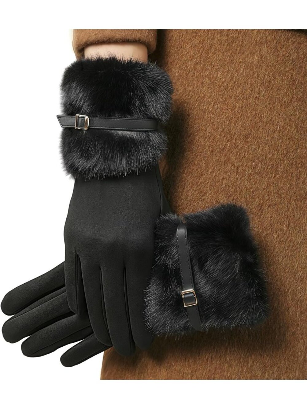 Women's Black Comfortable Warm Winter Suede Gloves with Touchscreen Fingers